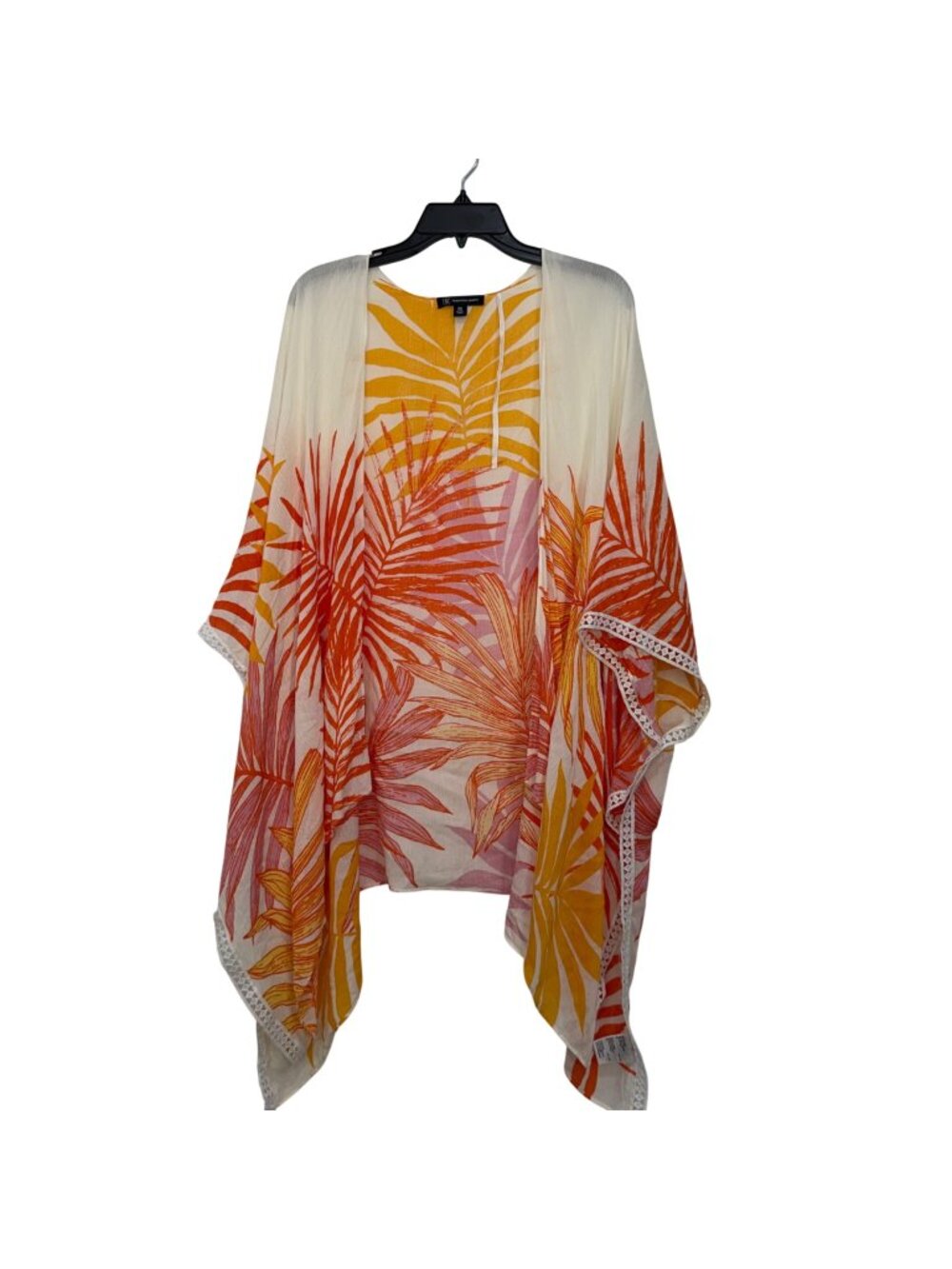 INC Women’s Palm Print Kimono With Lace Trim One Size Rayon Orange Yellow Pink